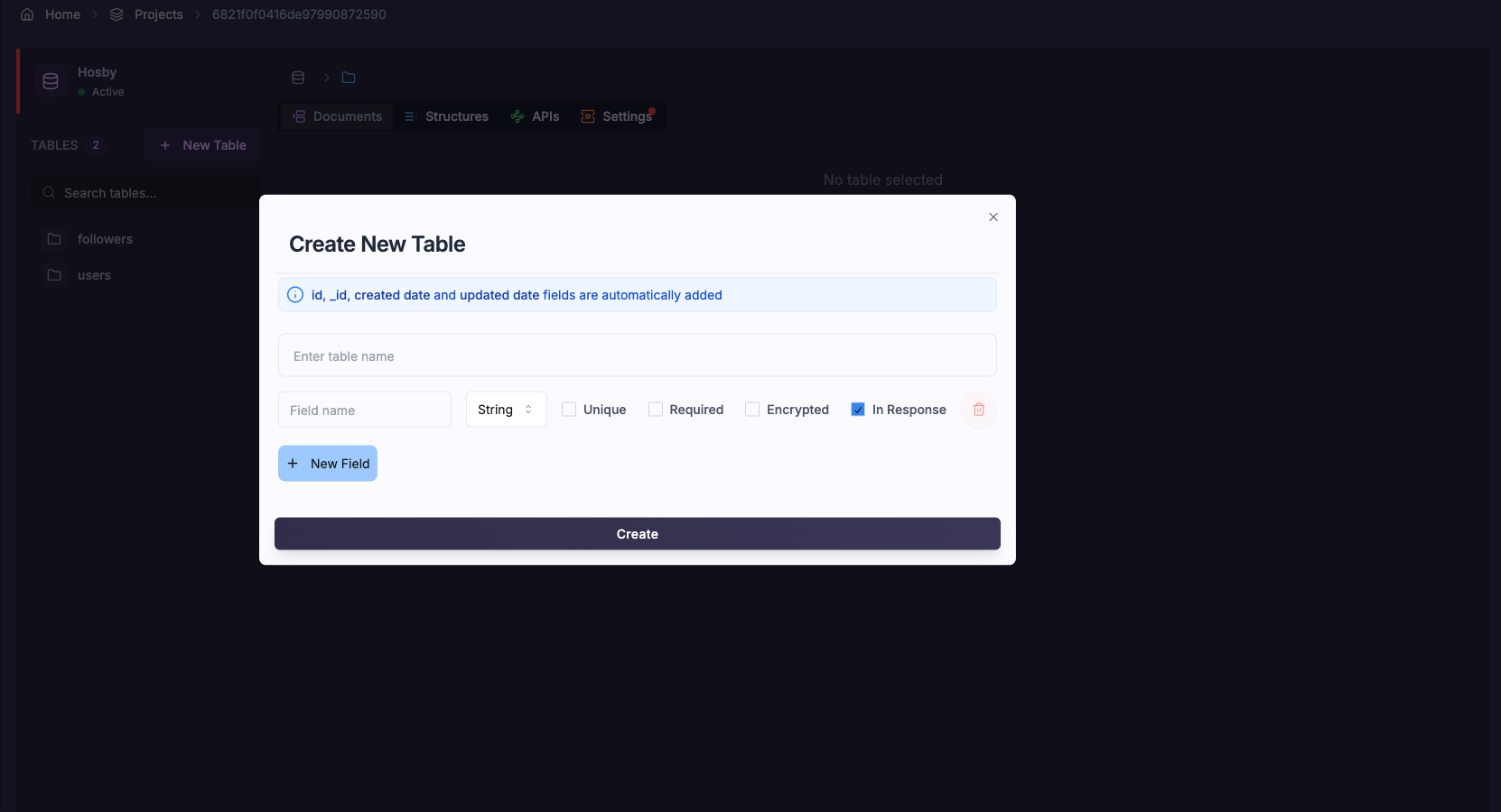 Create Table Interface